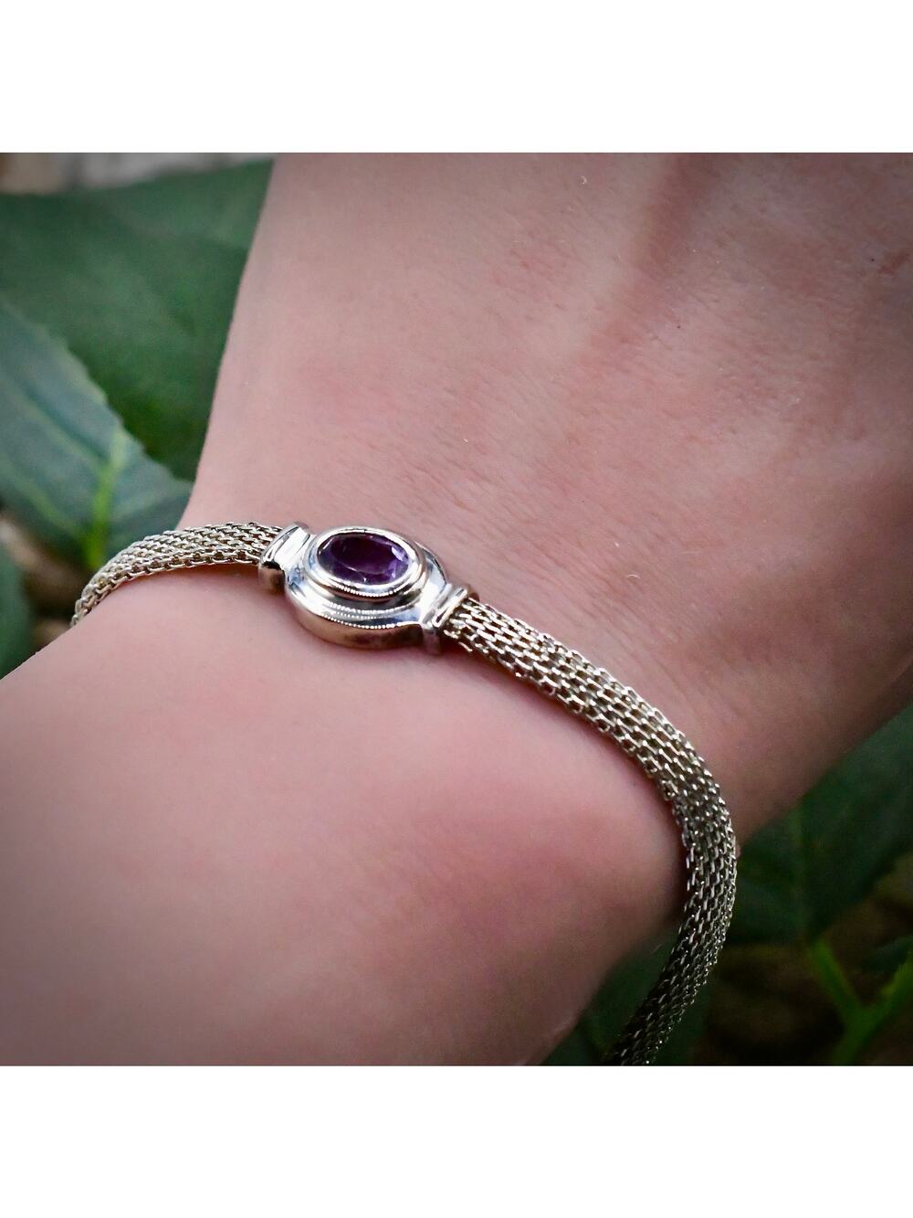 Italian Sterling Silver Mesh Wrap Bracelet Vintage 925 Amethyst 7 Inch
